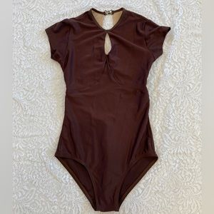Natalie dance wear brown cutout open back cap sleeve ballet leotard small